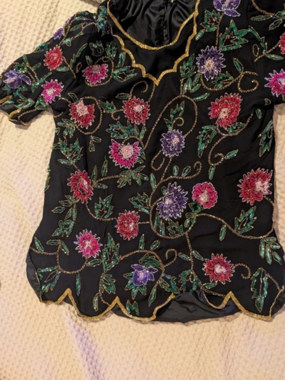Tan Chho Floral Beaded Short Sleeve Blouse Size 2X